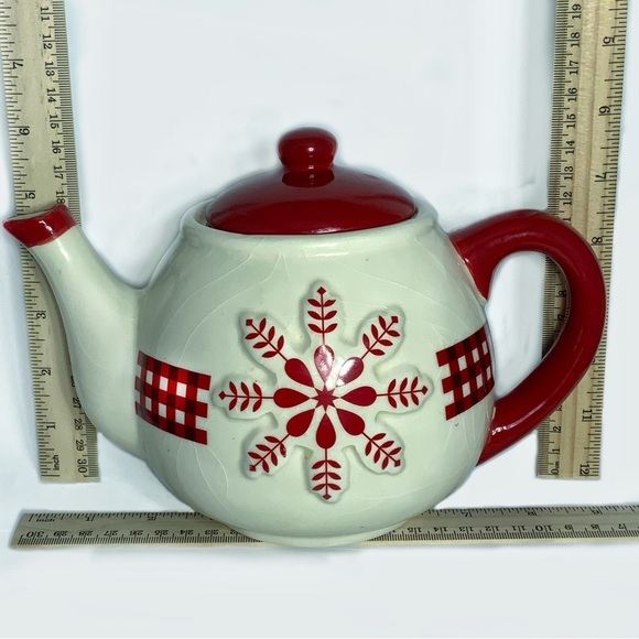 Teapot Folk Art Winter Gingham Buffalo Check Plaid Christmas Retired Red White - Picture 4 of 13